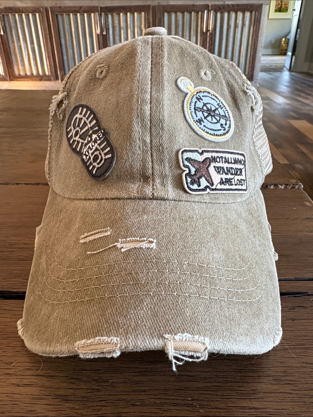 Women’s Distressed Tan Baseball Cap with Adventure Patches